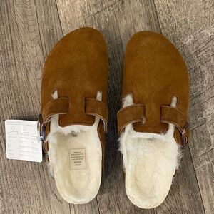 Birkenstock Warm Brown Suede Shearling Boston Clogs Size 37